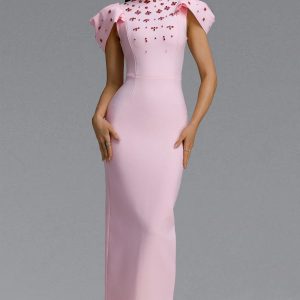 lisiya high neck puff sleeve bandage maxi dress 11