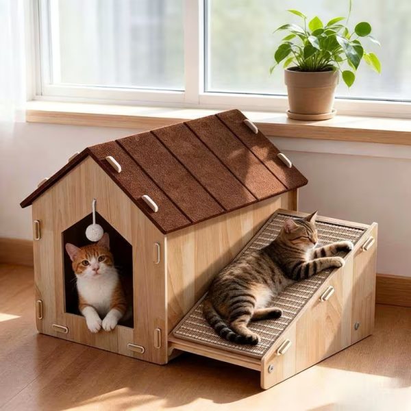 luxury large wooden cat house with scratching pad 11