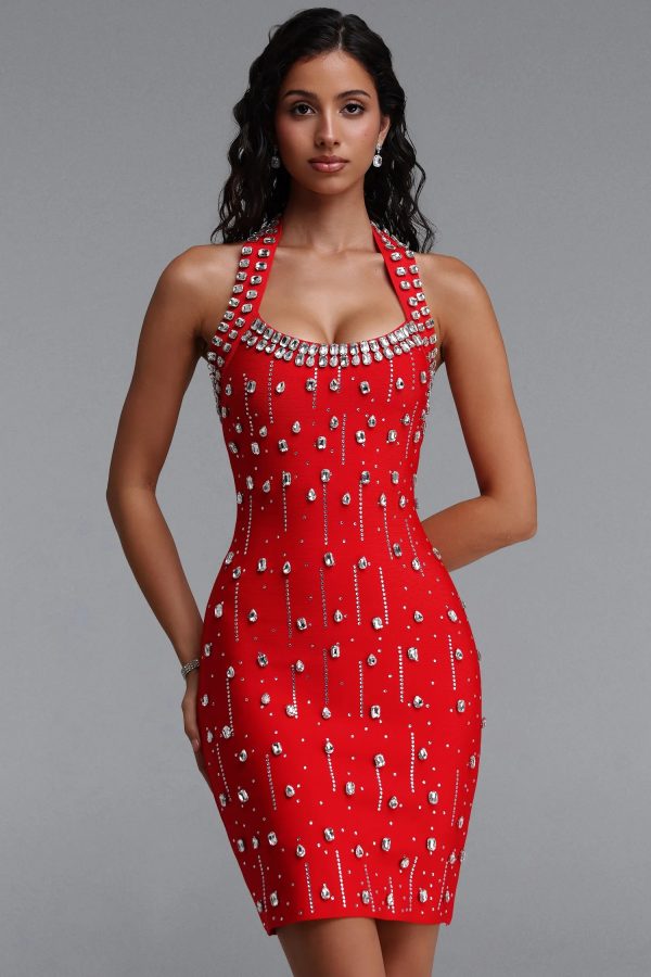 manik halter rhinestone bandage red mini dress 12