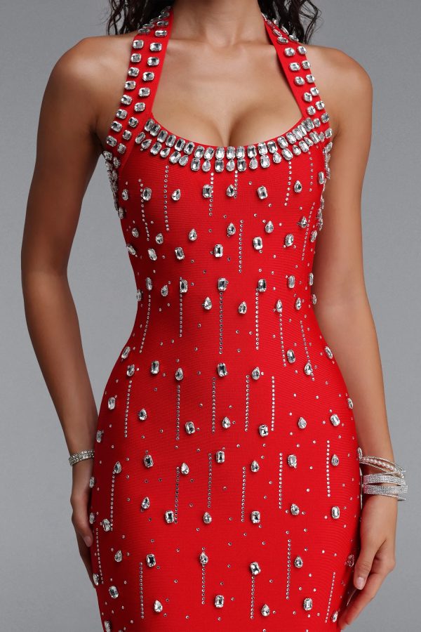manik halter rhinestone bandage red mini dress 13