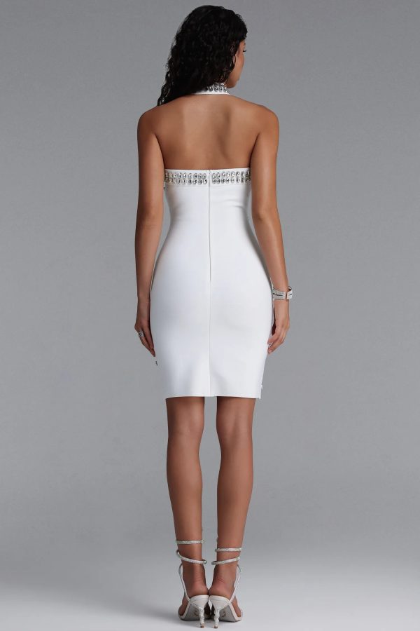 manik halter rhinestone bandage white mini dress 16