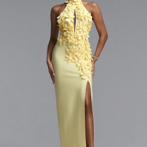 miriam halter cutout floral bandage yellow maxi dress 11