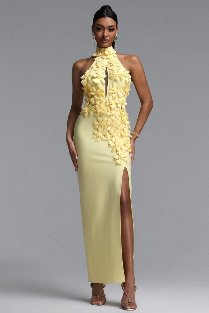 miriam halter cutout floral bandage yellow maxi dress 11
