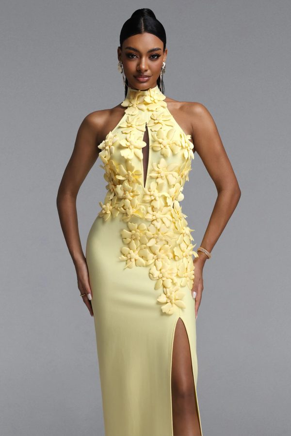 miriam halter cutout floral bandage yellow maxi dress 12