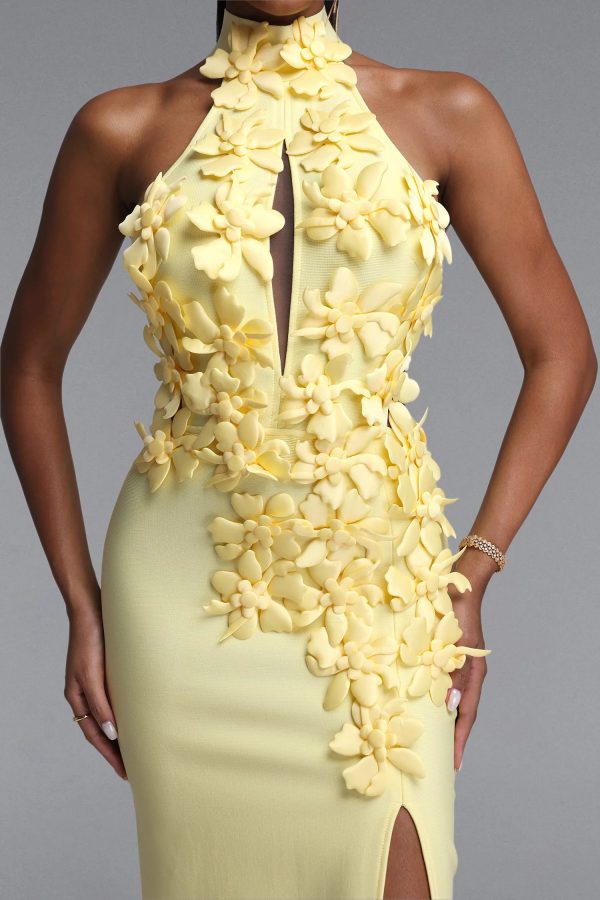 miriam halter cutout floral bandage yellow maxi dress 13
