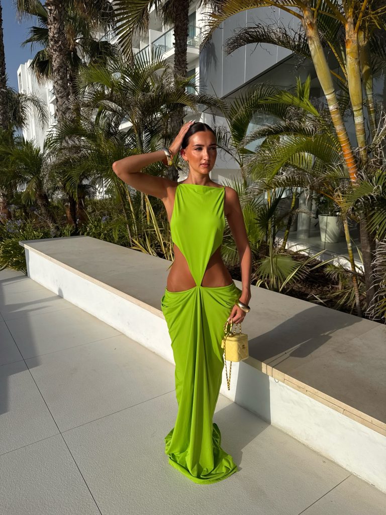 norvalen backless cutout draped maxi dress in chartreuse 11