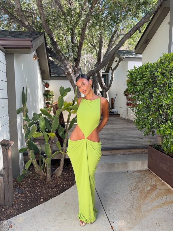 norvalen backless cutout draped maxi dress in chartreuse 14