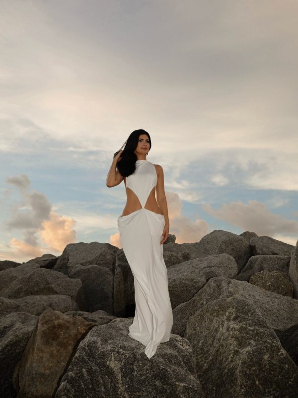 norvalen backless cutout draped maxi dress in white 35
