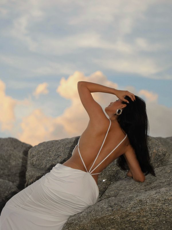 norvalen backless cutout draped maxi dress in white 40