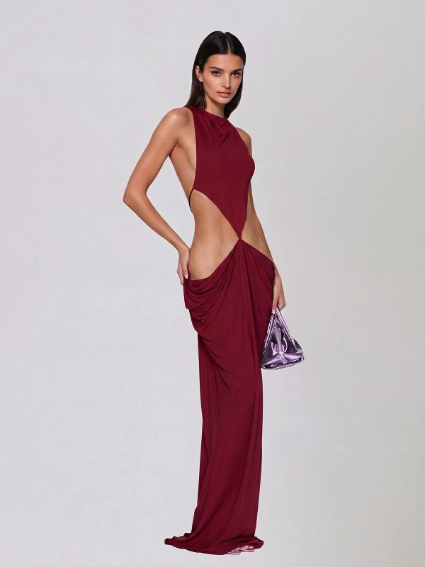 norvalen backless cutout draped maxi dress in wine 12