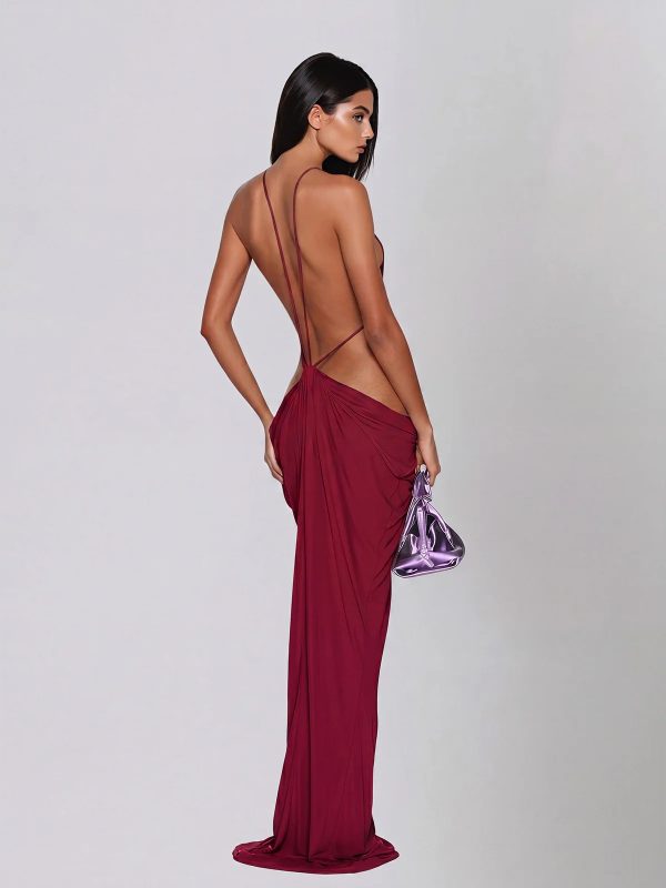 norvalen backless cutout draped maxi dress in wine 13
