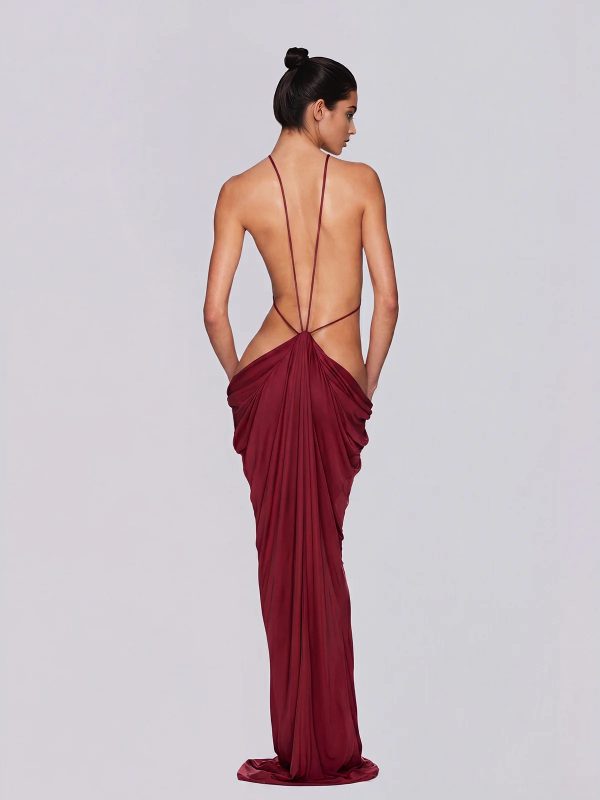 norvalen backless cutout draped maxi dress in wine 14
