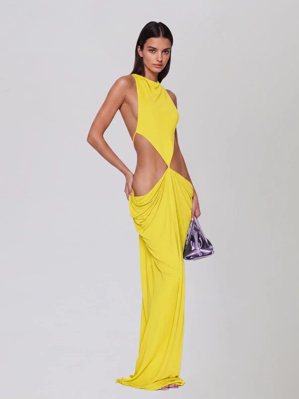 norvalen backless cutout draped maxi dress in yellow 12