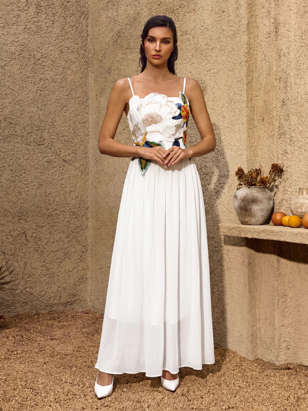 noryxel spaghetti flower maxi dress in white 11