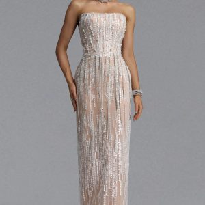 opala strapless vertical stripe rhinestone tassel lace embroidery mesh maxi dress 11