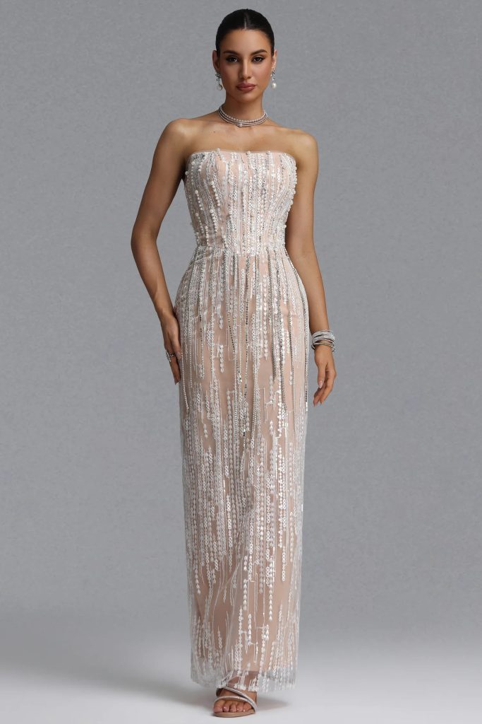 opala strapless vertical stripe rhinestone tassel lace embroidery mesh maxi dress 11
