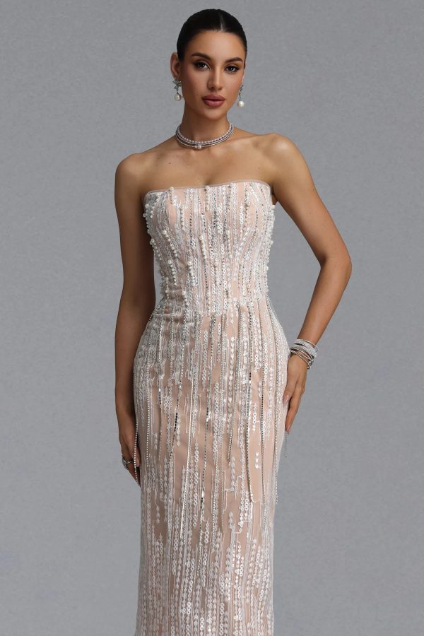 opala strapless vertical stripe rhinestone tassel lace embroidery mesh maxi dress 12
