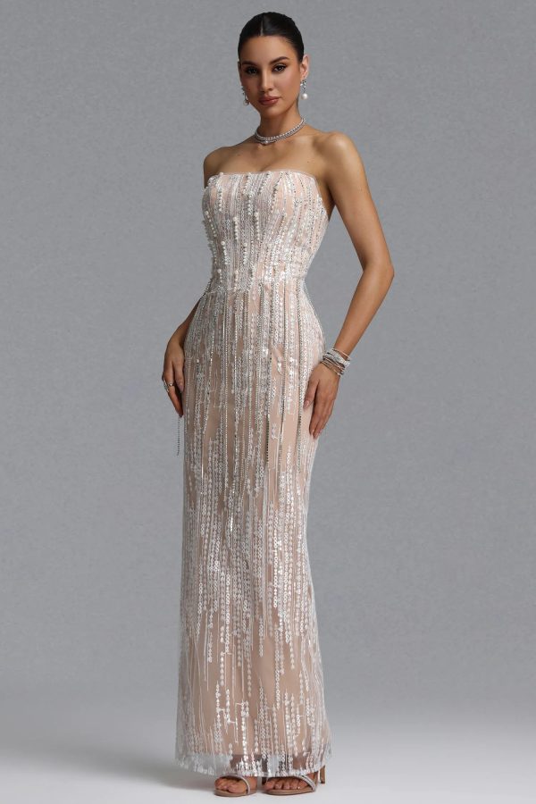 opala strapless vertical stripe rhinestone tassel lace embroidery mesh maxi dress 15