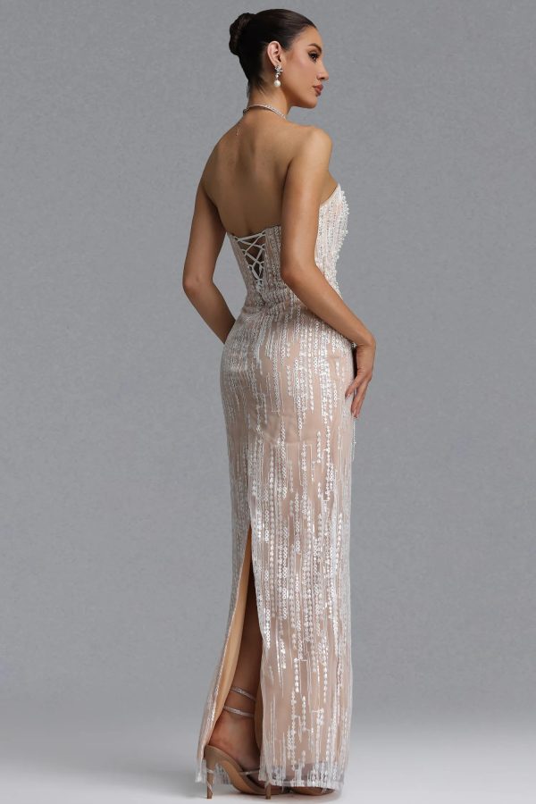 opala strapless vertical stripe rhinestone tassel lace embroidery mesh maxi dress 16