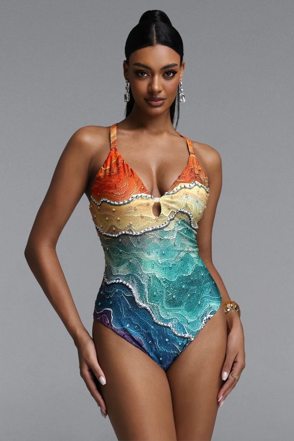 quany gradient topographic print rhinestone trim swimsuit 12