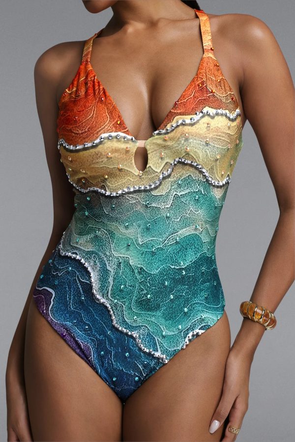 quany gradient topographic print rhinestone trim swimsuit 13