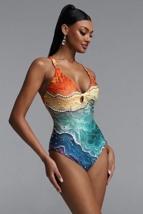 quany gradient topographic print rhinestone trim swimsuit 14
