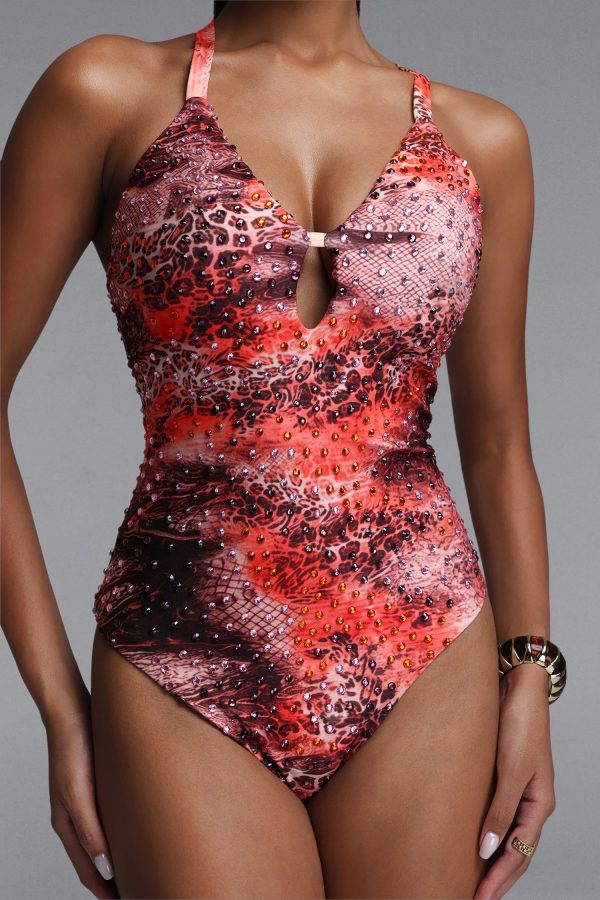 quany sexy halter gradient leopard orange rhinestone swimsuit 13
