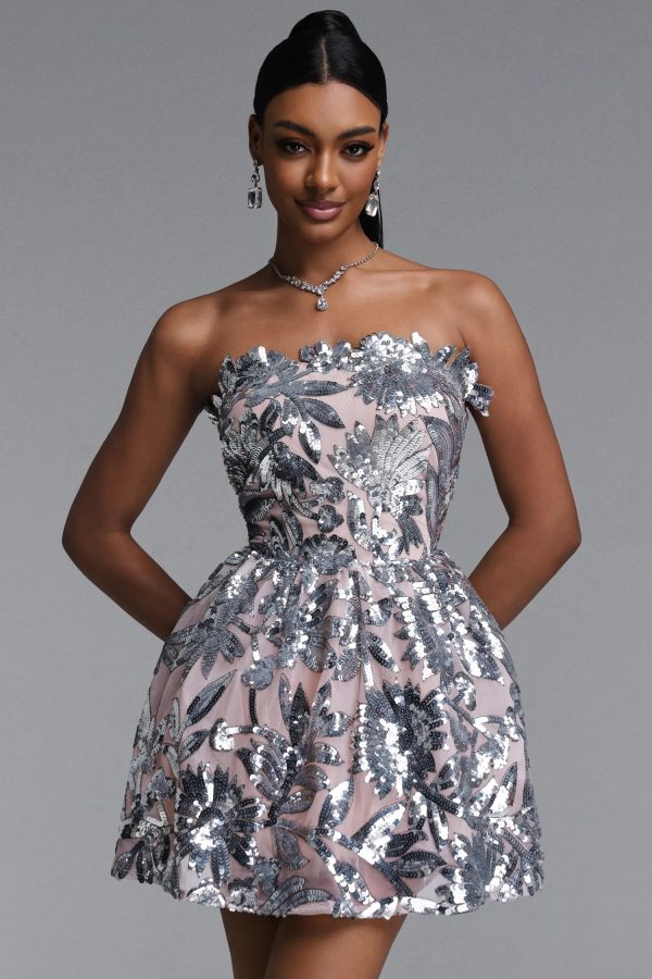 raee strapless floral sequin flared sheer mini dress 12