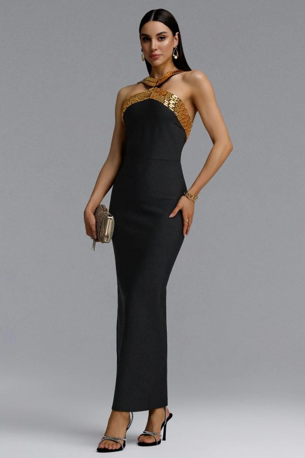 riza halter rhinestone bandage black maxi dress 15