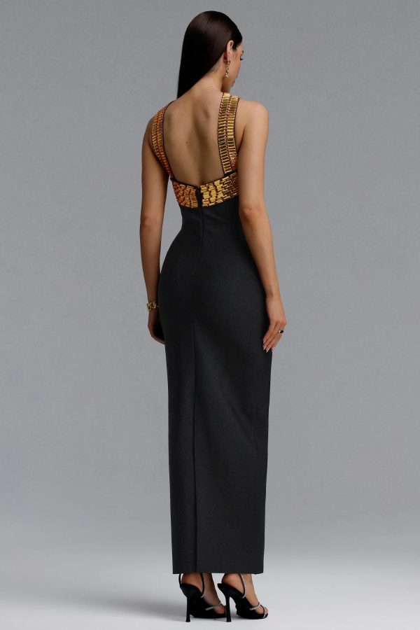 riza halter rhinestone bandage black maxi dress 16