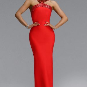 riza halter rhinestone bandage red maxi dress 11