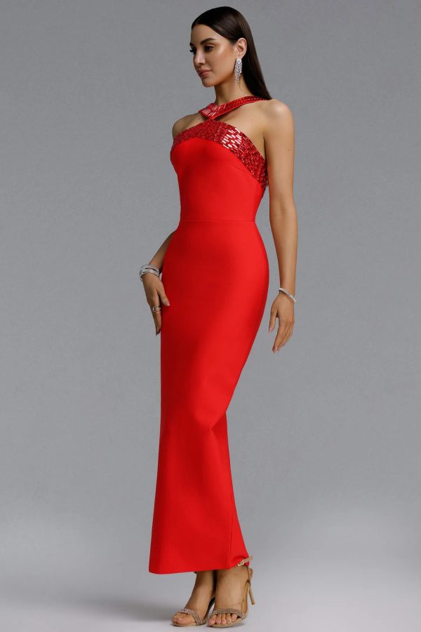 riza halter rhinestone bandage red maxi dress 15