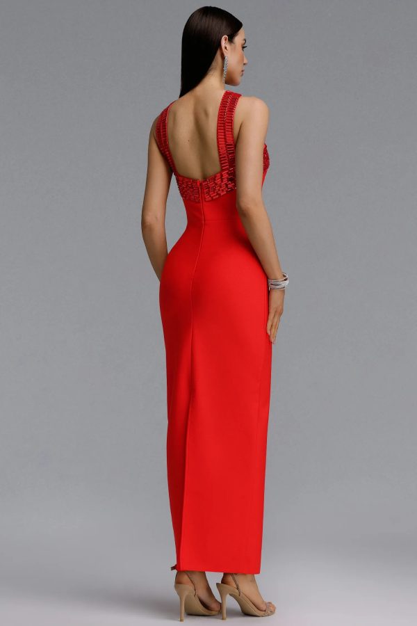 riza halter rhinestone bandage red maxi dress 16