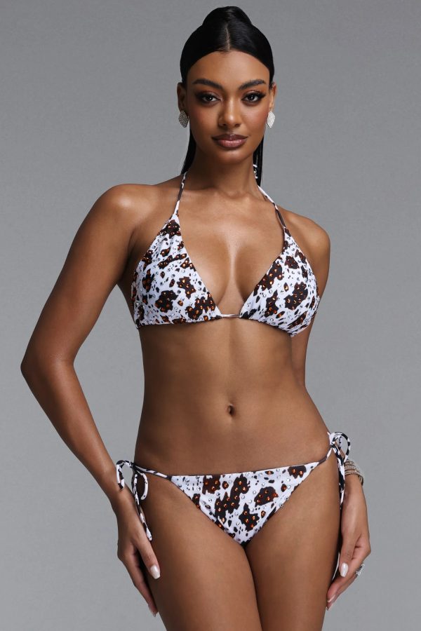 rosee rhinestone printed halter side tie bikini set in white brown 12