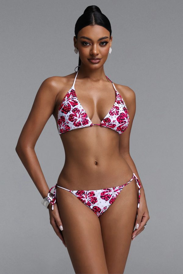 rosee rhinestone printed halter side tie bikini set in white rose red 12