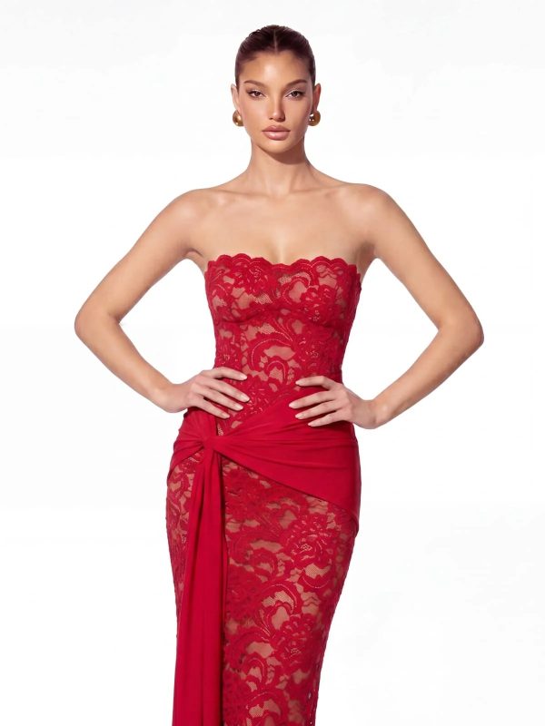 roslen strapless lace maxi dress in red 12