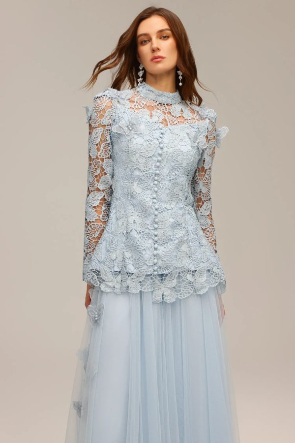 sabina long sleeve folds lace butterfly top & skirt two piece set 12