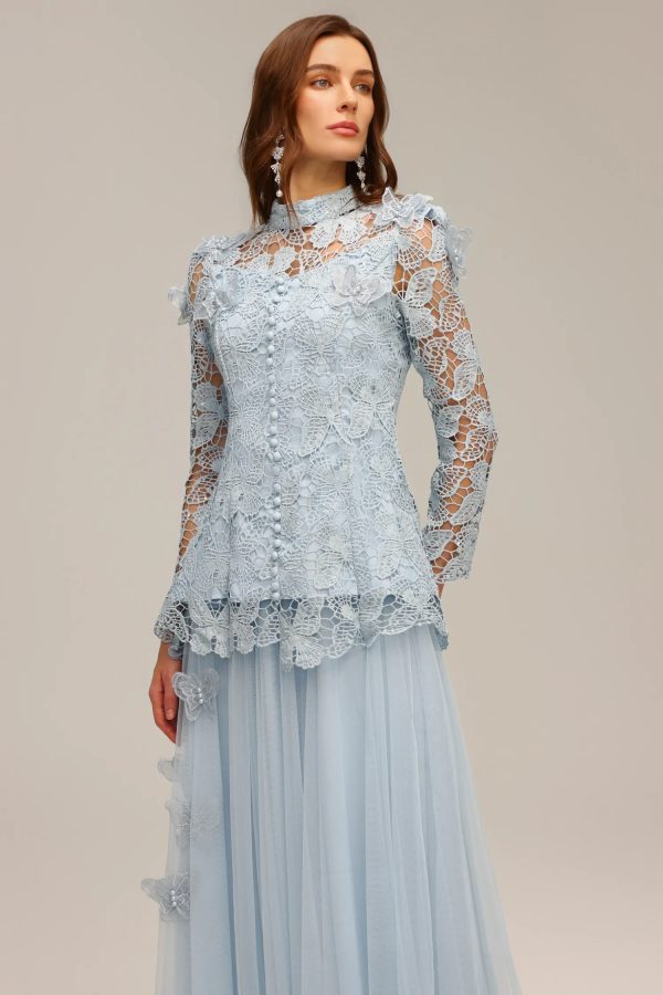 sabina long sleeve folds lace butterfly top & skirt two piece set 14
