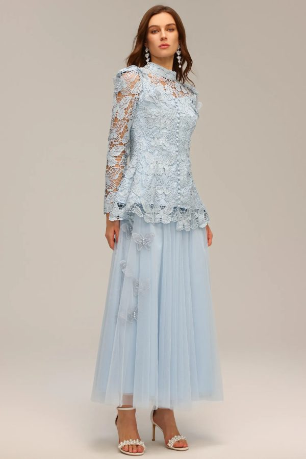 sabina long sleeve folds lace butterfly top & skirt two piece set 15