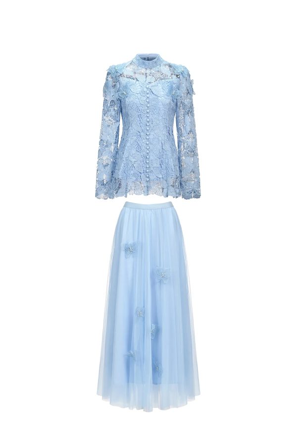 sabina long sleeve folds lace butterfly top & skirt two piece set 19