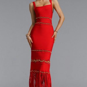 shanley sleeveless beaded fringe red bandage maxi dress 11