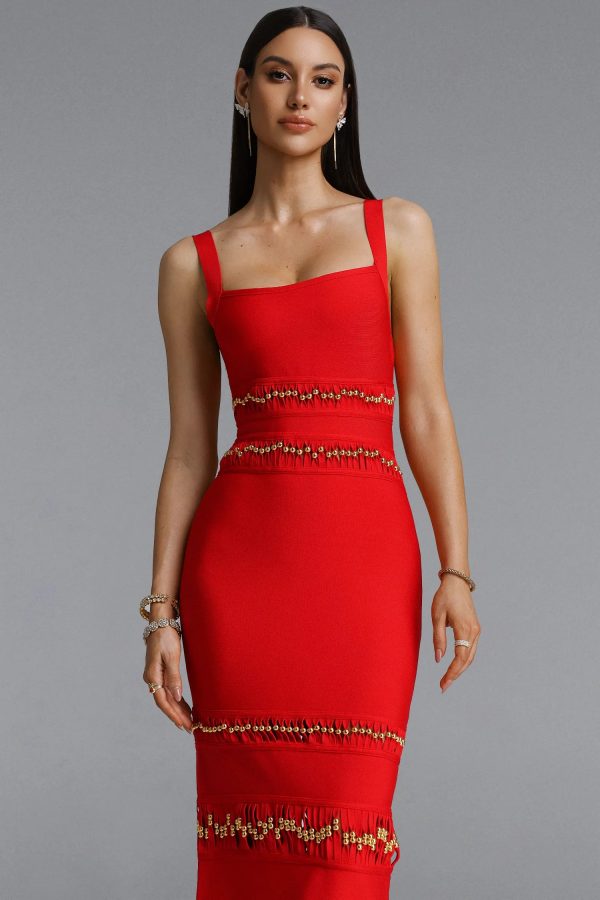 shanley sleeveless beaded fringe red bandage maxi dress 12