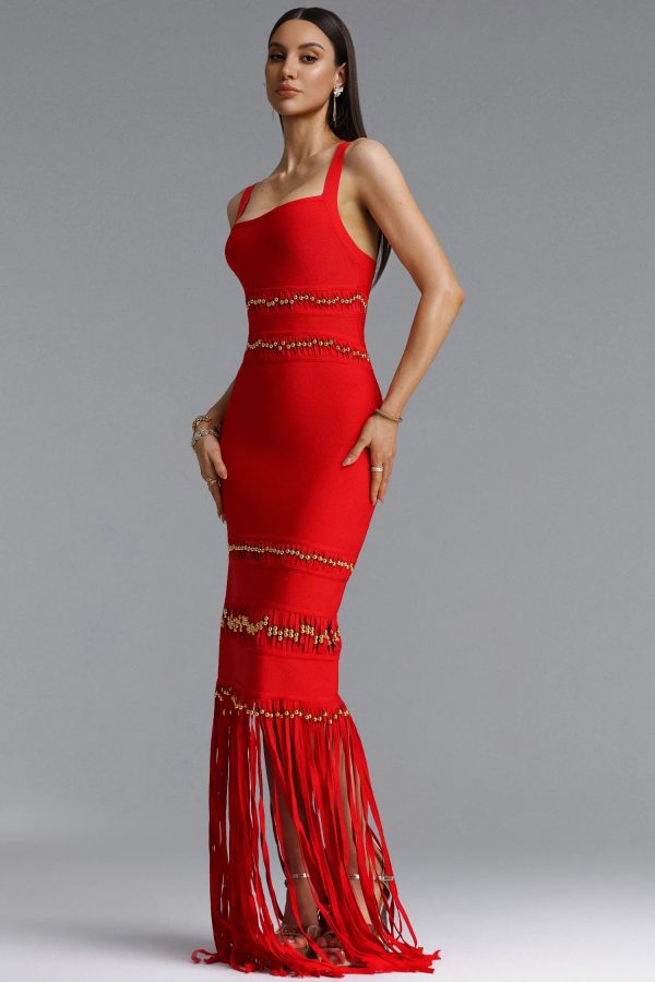 shanley sleeveless beaded fringe red bandage maxi dress 15