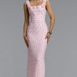 shea square neck floral pearl bandage pink maxi dress 11