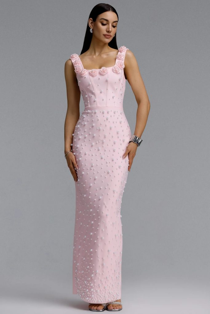 shea square neck floral pearl bandage pink maxi dress 11