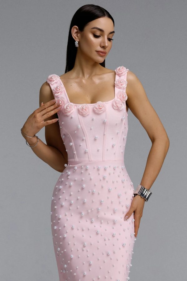 shea square neck floral pearl bandage pink maxi dress 12