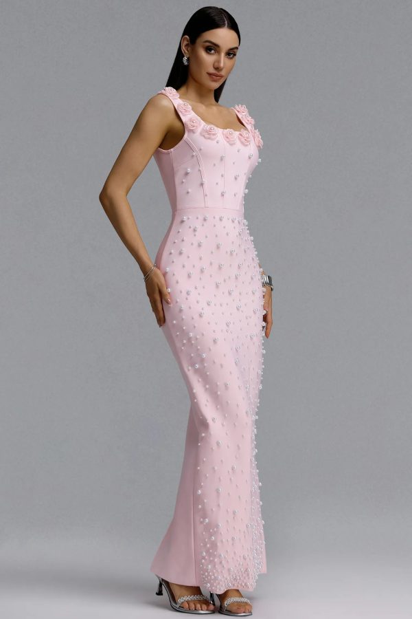 shea square neck floral pearl bandage pink maxi dress 15