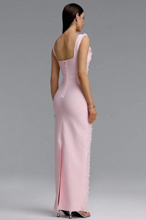 shea square neck floral pearl bandage pink maxi dress 16