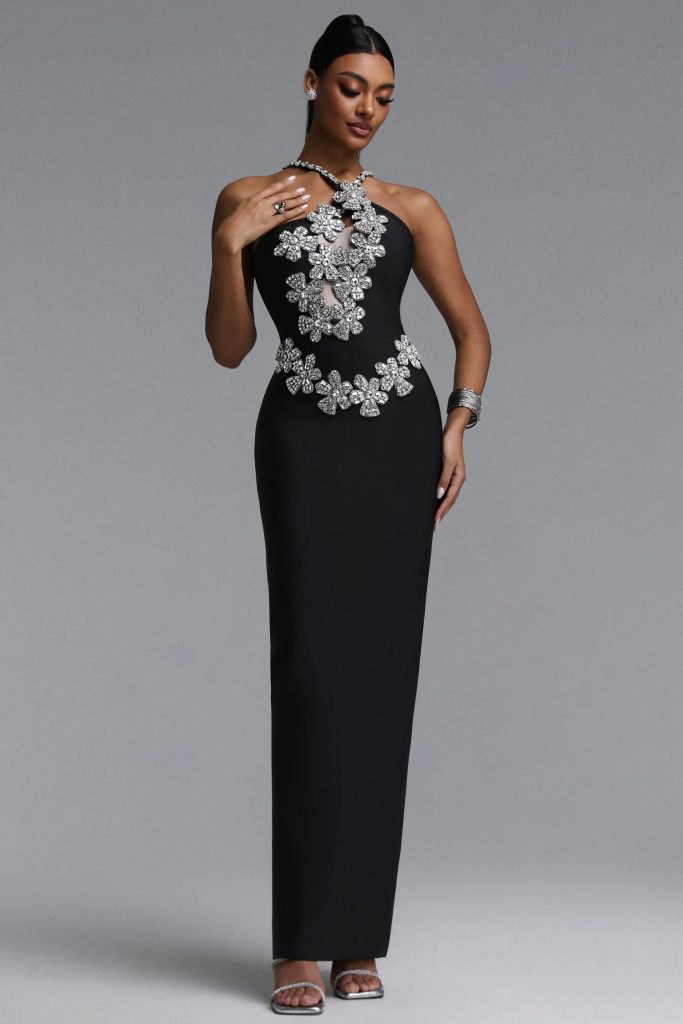 sirel diamond flower bandage maxi dress in black 11