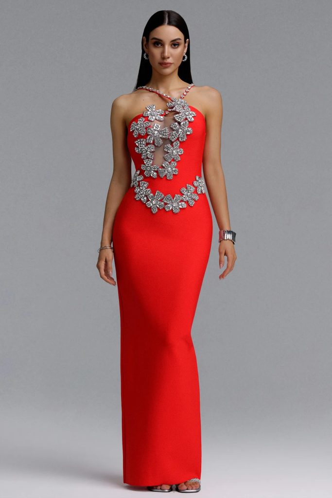 sirel diamond flower bandage maxi dress in red 11